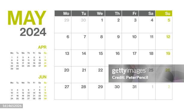 ilustraciones, imágenes clip art, dibujos animados e iconos de stock de mayo 2024 - calendario trimestral mensual. calendario horizontal de paisaje de estilo minimalista para el año 2024. plantilla vectorial. la semana comienza el lunes - evento mensual
