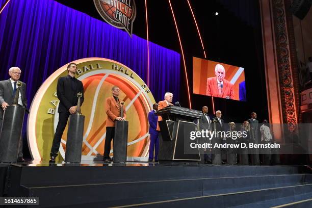 Overall look at the 2023 inductees during the 2023 Basketball Hall of Fame Enshrinement Ceremony on August 12, 2023 at Springfield Marriott in...