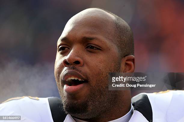 Terrell Suggs of the Baltimore Ravens looks on against the Denver Broncos during the AFC Divisional Playoff Game at Sports Authority Field at Mile...