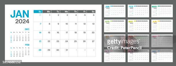 2024 - monthly quarterly calendar. minimalism style landscape horizontal calendar for 2024 year. vector template. the week starts on sunday - february stock illustrations