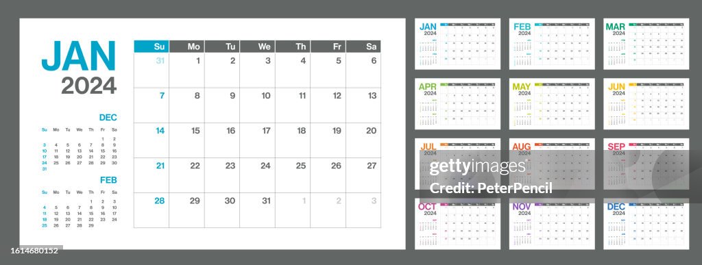2024 - Monthly Quarterly Calendar. Minimalism Style Landscape Horizontal Calendar for 2024 year. Vector Template. The Week Starts on Sunday