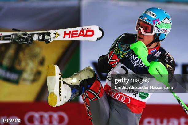 Ted Ligety of the United States of America reacts in the finish area after skiing to victory in the Men's Super Combined during the Alpine FIS Ski...