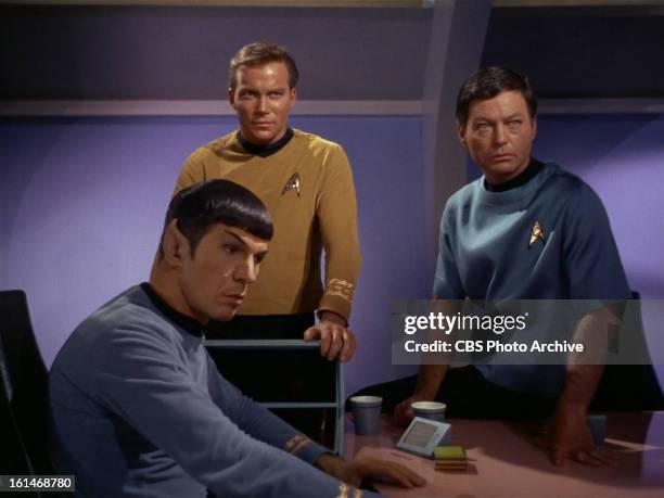 Leonard Nimoy as Mr. Spock, William Shatner as Captain James T. Kirk and DeForest Kelley as Dr. McCoy in the STAR TREK episode, "Charlie X." Season...