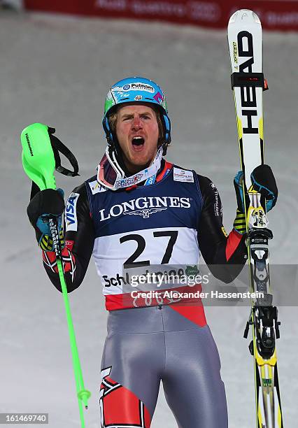 Ted Ligety of the United States of America reacts in the finish area after skiing to victory in the Men's Super Combined during the Alpine FIS Ski...