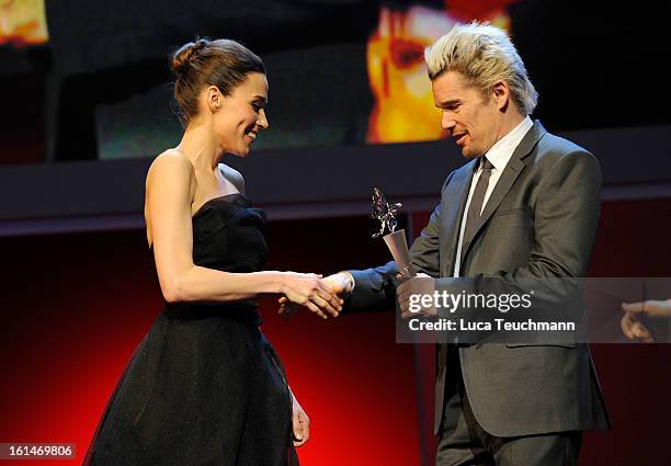 Arta Dobroshi and Ethan Hawke onstage at the Shooting Stars Stage Presentation during the 63rd Berlinale International Film Festival at the Berlinale...
