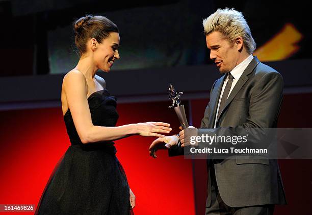 Arta Dobroshi and Ethan Hawke onstage at the Shooting Stars Stage Presentation during the 63rd Berlinale International Film Festival at the Berlinale...