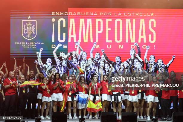 Spain women's national football team's players celebrate on stage their 2023 World Cup victory in Madrid on August 21, 2023. Spain won the Australia...