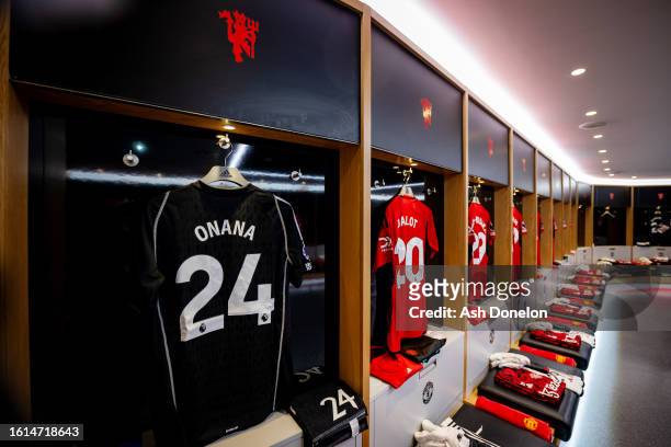General view inside the Manchester United dressing room prior to the Premier League match between Manchester United and Wolverhampton Wanderers at...