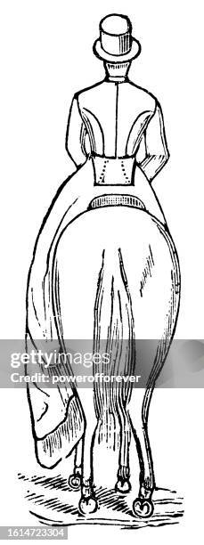 man demonstrating good horseback riding posture - 19th century - good posture sitting stock illustrations