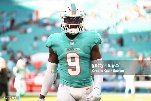 Noah Igbinoghene of the Miami Dolphins smiles prior to an NFL preseason game against the Atlanta Falcons at Hard Rock Stadium on August 21, 2021 in...