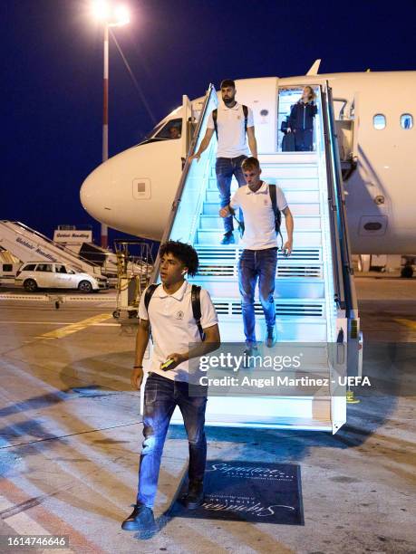 Manchester City team arrive in Athens ahead of the UEFA Super Cup 2023 Final at El. Venizelos International Airport on August 14, 2023 in Athens,...