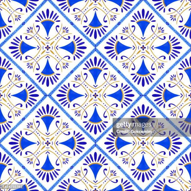 blue and gold portuguese azulejo seamless pattern. moroccan ceramic tile. vector lisbon arabic floral mosaic, mediterranean ornament. - moroccan pattern vector stock illustrations