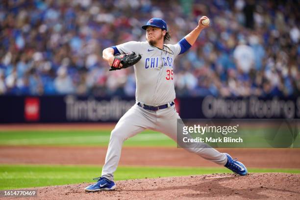 Justin Steele of Chicago Cubs pitches to the Toronto Blue Jays during the second inning in their MLB game at the Rogers Centre on August 12, 2023 in...