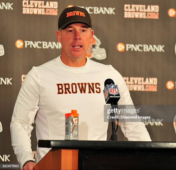 Head coach Pat Shurmur of the Cleveland Browns answers questions from the media after a game against the Pittsburgh Steelers at Cleveland Browns...