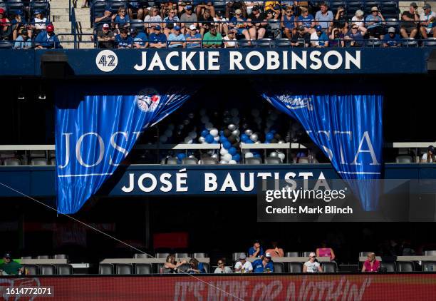 Former baseball player Jose Bautista of the Toronto Blue Jays name is seen after it was unveiled during a ceremony for the Level of Excellence as the...