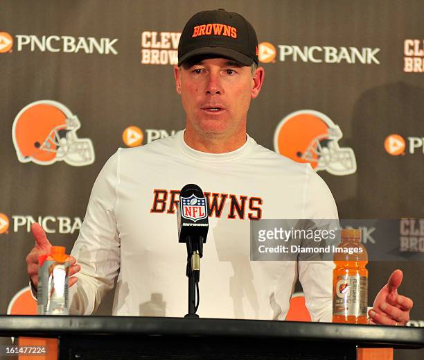 Head coach Pat Shurmur of the Cleveland Browns answers questions from the media after a game against the Pittsburgh Steelers at Cleveland Browns...
