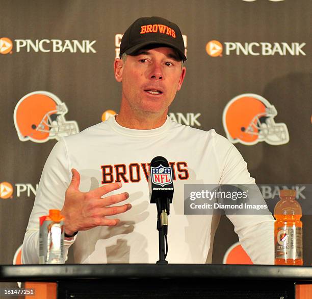 Head coach Pat Shurmur of the Cleveland Browns answers questions from the media after a game against the Pittsburgh Steelers at Cleveland Browns...