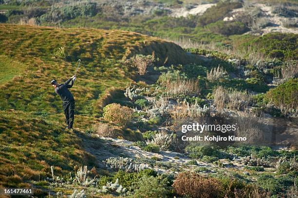 Pebble Beach National Pro-Am: Scenic view of Hunter Mahan in action during Saturday play at Pebble Beach Golf Links. Pebble Beach, CA 2/9/2013...