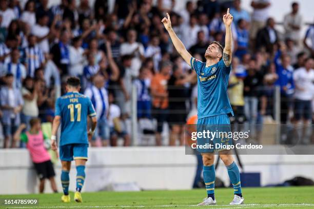 Toni Martinez of FC Porto celebrates after scoring his team's first goal during the Liga Portugal Bwin match between Moreirense FC and FC Porto at...