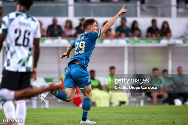 Toni Martinez of FC Porto celebrates after scoring his team's first goal during the Liga Portugal Bwin match between Moreirense FC and FC Porto at...