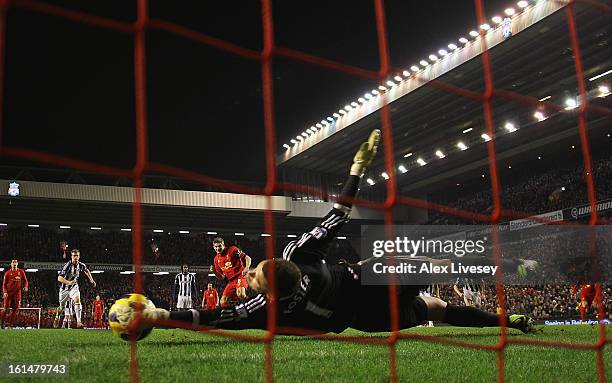 Ben Foster of West Bromwich Albion saves the penalty kick of Steven Gerrard of Liverpool during the Barclays Premier League match between Liverpool...