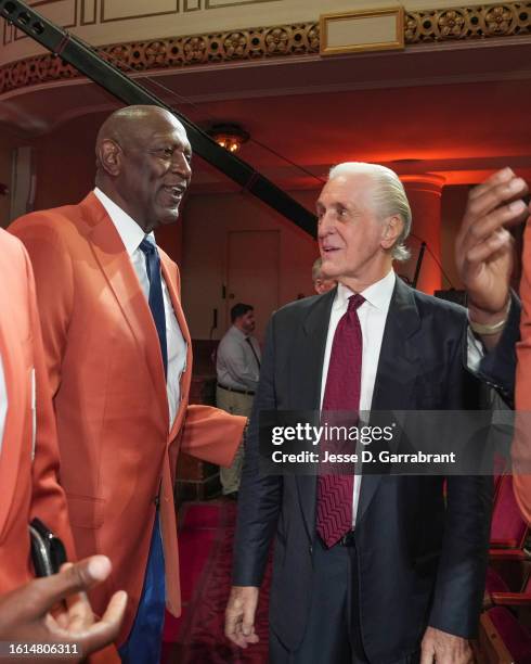 Spencer Haywood & Pat Riley look on during the 2023 Basketball Hall of Fame Enshrinement Ceremony on August 12, 2023 at Springfield Marriott in...