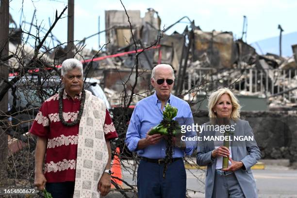 President Joe Biden and US First Lady Jill Biden participate in a blessing ceremony with the Lahaina elders at Moku'ula following wildfires in...