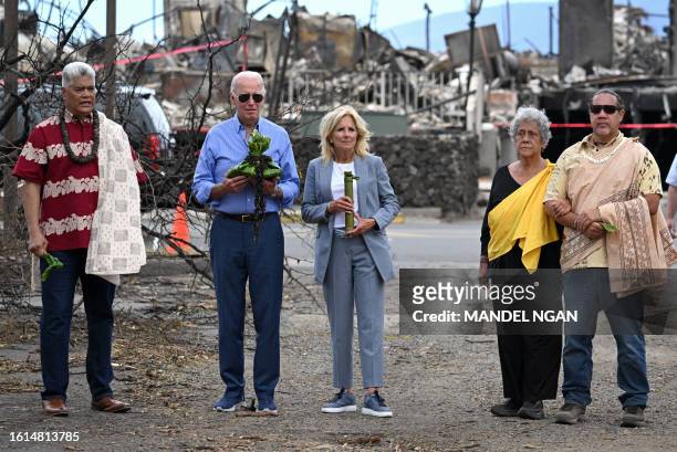 President Joe Biden and US First Lady Jill Biden participate in a blessing ceremony with the Lahaina elders at Moku'ula following wildfires in...