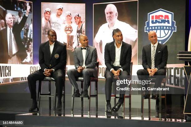 David Robinson, Tony Parker, Tim Duncan, & Manu Ginóbili look on during the 2023 Basketball Hall of Fame Enshrinement Ceremony on August 12, 2023 at...