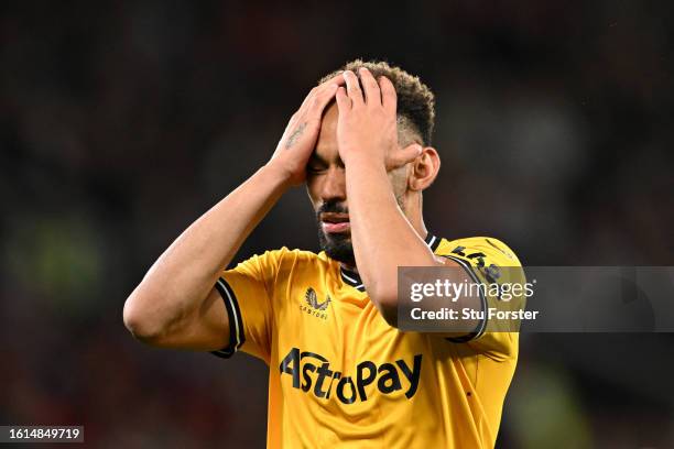 Matheus Cunha of Wolverhampton Wanderers reacts after a missed chance during the Premier League match between Manchester United and Wolverhampton...