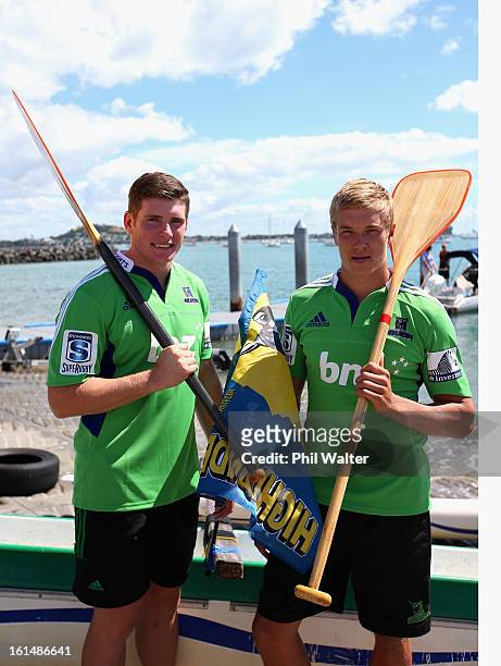 Colin Slade and Tony Ensor of the Highlanders pose before competing in a Wakaama challenge during the 2013 Super Rugby Season Launch at the Royal...