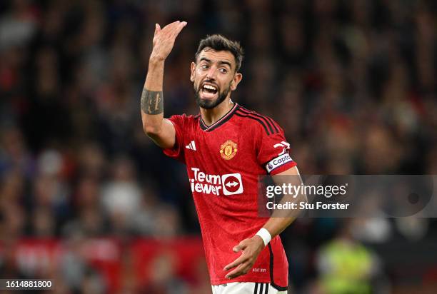 Bruno Fernandes of Manchester United reacts during the Premier League match between Manchester United and Wolverhampton Wanderers at Old Trafford on...