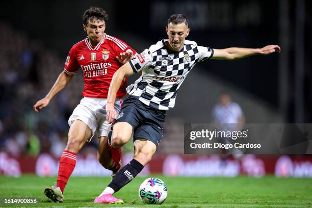 Joao Neves of SL Benfica and Robert Bozenik of Boavista FC battle for the ball during the Liga Portugal Bwin match between Boavista and SL Benfica at...