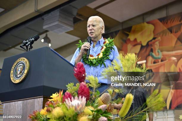 President Joe Biden speaks during a community engagement event at the Lahaina Civic Center in Lahaina, Hawaii on August 21, 2023.