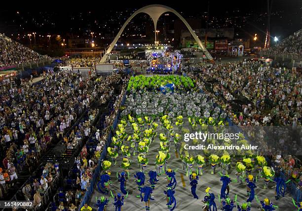 Floats, dancers and musicians of São Clemente Samba School during the opening parade whose theme Horario Nobre tells in chapters the story of several...