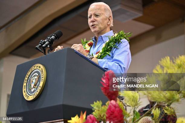President Joe Biden speaks during a community engagement event at the Lahaina Civic Center in Lahaina, Hawaii on August 21, 2023.