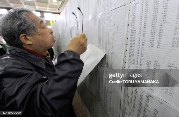 An elderly man checks a list of names of survivors who are in shelters at the Natori City Hall in Natori, Miyagi Prefecture on March 14, 2011 three...