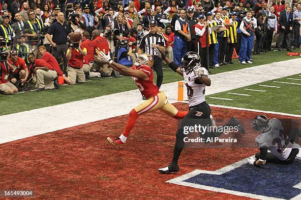 Wide Receiver Michael Crabtree of the San Francisco 49ers is unable to catch a pass in the end zone on the final drive against the Baltimore Ravens...