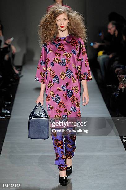 Model walks the runway at the Marc by Marc Jacobs Autumn Winter 2013 fashion show during New York Fashion Week on February 11, 2013 in New York,...