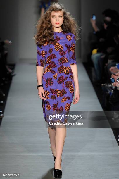 Model walks the runway at the Marc by Marc Jacobs Autumn Winter 2013 fashion show during New York Fashion Week on February 11, 2013 in New York,...