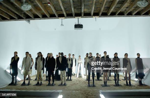 Models wearing Odd fall 2013 on the runway at the Odd fall 2013 presentation during Mercedes-Benz Fashion Week at Industria Superstudio on February...