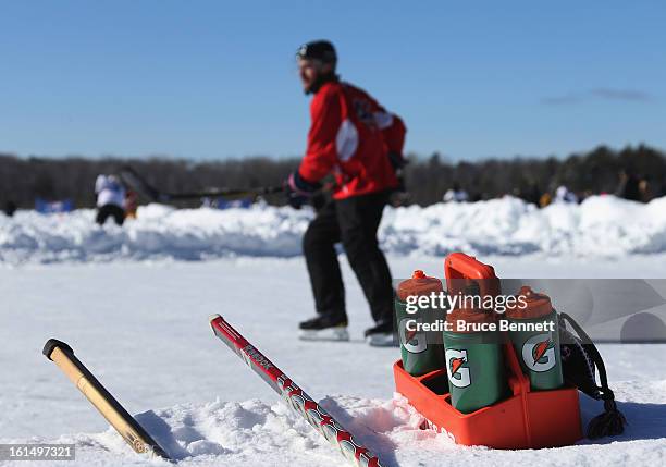 Gatorade bottles sit beside the rink during the 2013 USA Hockey Pond Hockey National Championships on February 8, 2013 in Eagle River, Wisconsin. The...