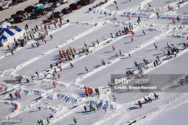 Players participate in the 2013 USA Hockey Pond Hockey National Championships on February 8, 2013 in Eagle River, Wisconsin. The three-day tournament...