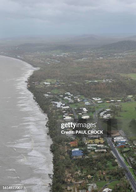 This aerial view shows the coastal area of Mission Beach after Cyclone Yasi, on February 3, 2011. Australia's biggest cyclone in a century shattered...