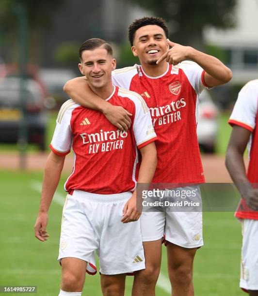 Luis Brown and Coby Small of Arsenal during the Arsenal U18 Photocall at London Colney on August 14, 2023 in St Albans, England.