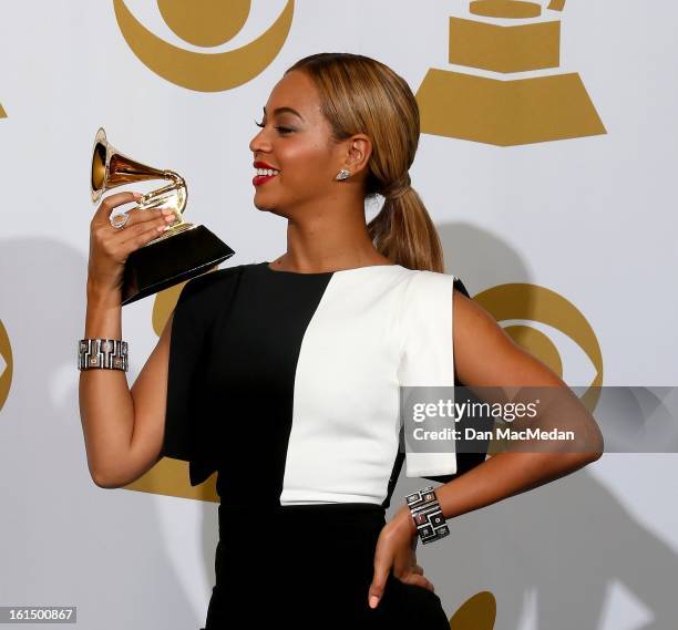 Singer Beyonce, winner Best Traditional R&B Performance, poses in the press room at the 55th Annual Grammy Awards at the Staples Center on February...