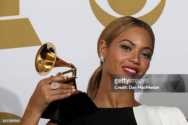 Singer Beyonce, winner Best Traditional R&B Performance, poses in the press room at the 55th Annual Grammy Awards at the Staples Center on February...