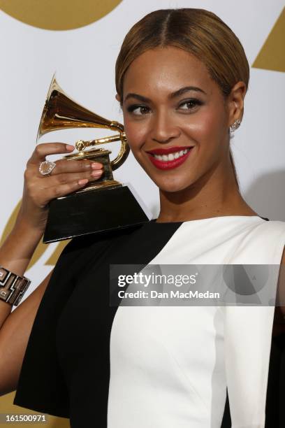 Singer Beyonce, winner Best Traditional R&B Performance, poses in the press room at the 55th Annual Grammy Awards at the Staples Center on February...