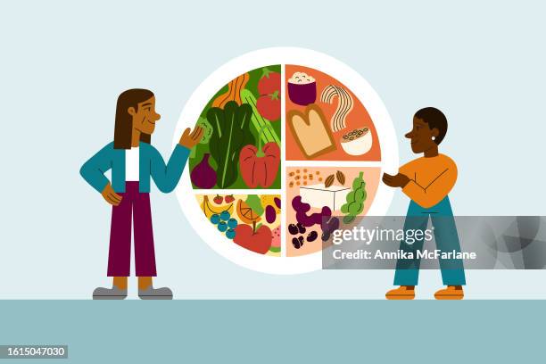 eine ernährungsberaterin bringt einer jungen schwarzen frau mit teller eine ausgewogene, gesunde vegane ernährung bei infografik - pflanzliche ernährung stock-grafiken, -clipart, -cartoons und -symbole