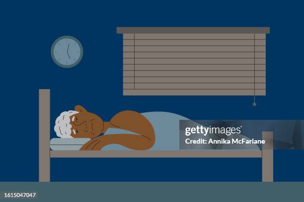 a senior man lies awake with insomnia in the middle of the night alone and tries to sleep - old man laying in bed stock illustrations